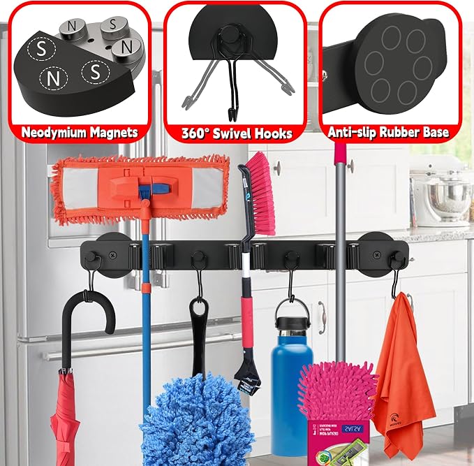 Magnetic Mop Broom Holder, Heavy Duty Movable Magnetic Wall Mount Tool Racks - Image 3