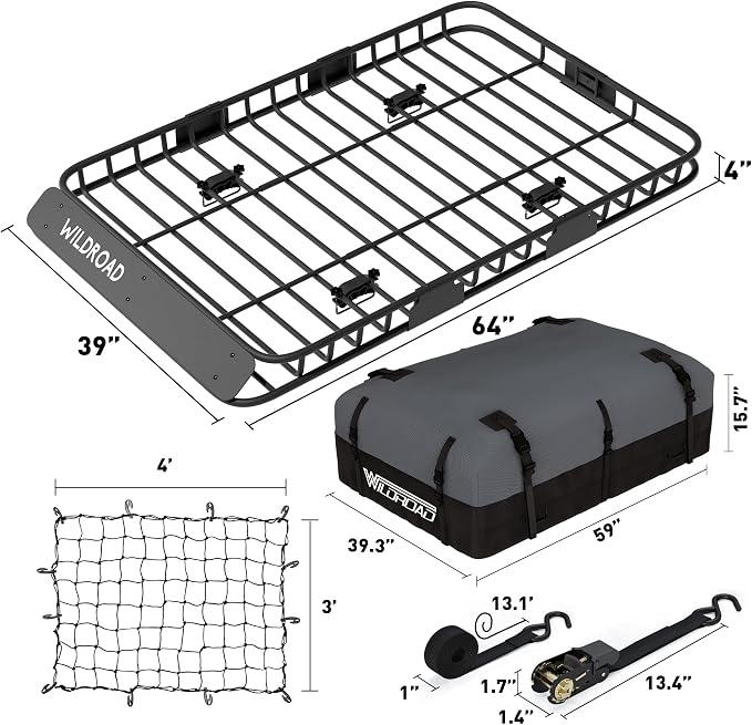 WILDROAD Car Roof Cargo Basket Combo of Upgraded 64"x 39"x 4" Roof Rack Cargo - Image 6