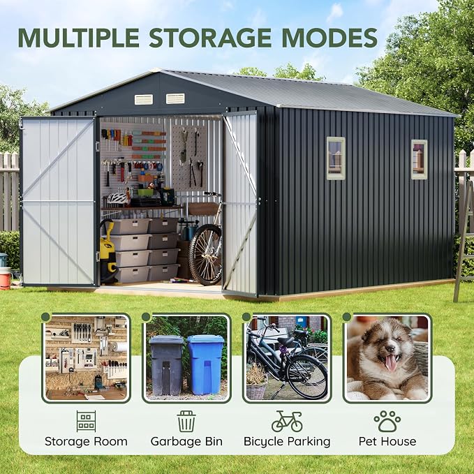 10x10 FT Outdoor Metal Storage Shed, Double Swing Doors, 2 Clear Windows - Image 3