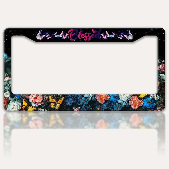 Blessed License Plate Frame Beautiful Butterfly Flowers License Plate Holders by RTINRAN