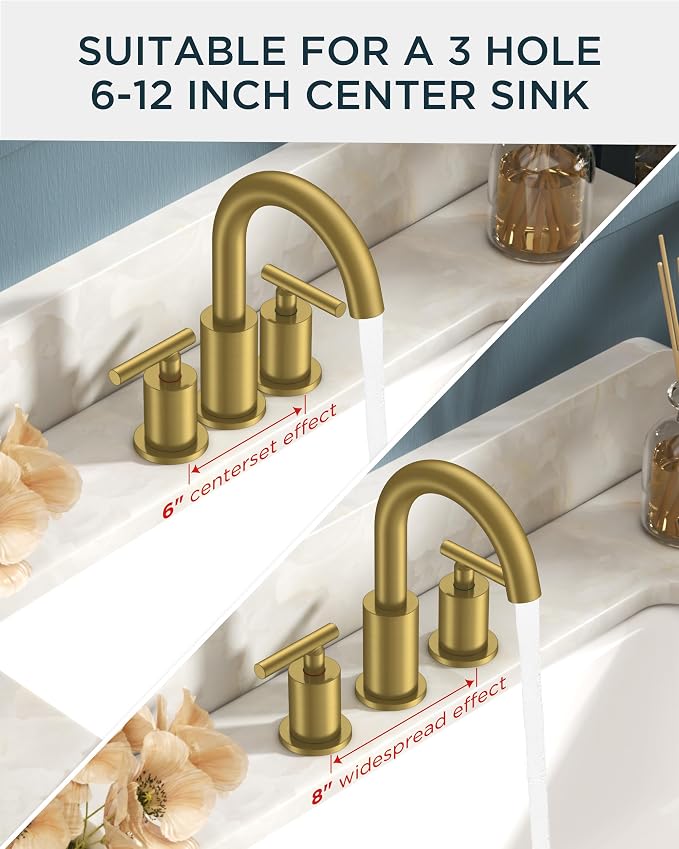 FORIOUS 8 Inch Widespread Brushed Gold Bathroom Faucet 3 Hole, 2 Handle Gold - Image 6