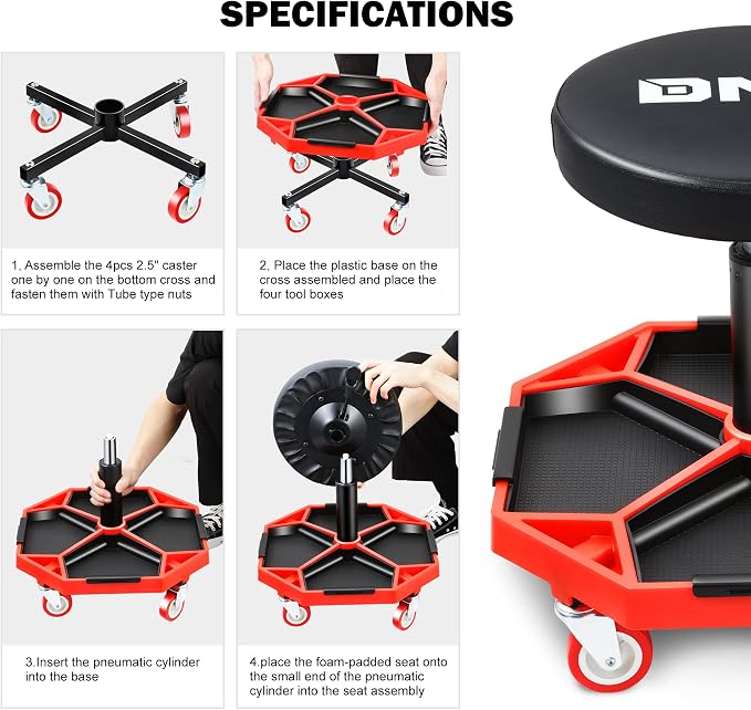 DNA MOTORING TOOLS-00253 Adjustable Height Pneumatic Garage Seat Rolling - Image 5