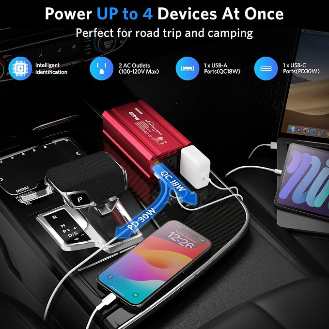 BESTEK 400W Car Power Inverter DC 12V to AC 110V Car Plug T-Type Sine Wave - Image 6