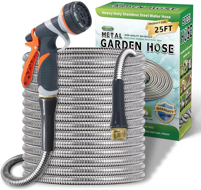 Lightweight Stainless Steel Garden Hose 25Ft – Kinkless Flexible Metal Water by Sunifier