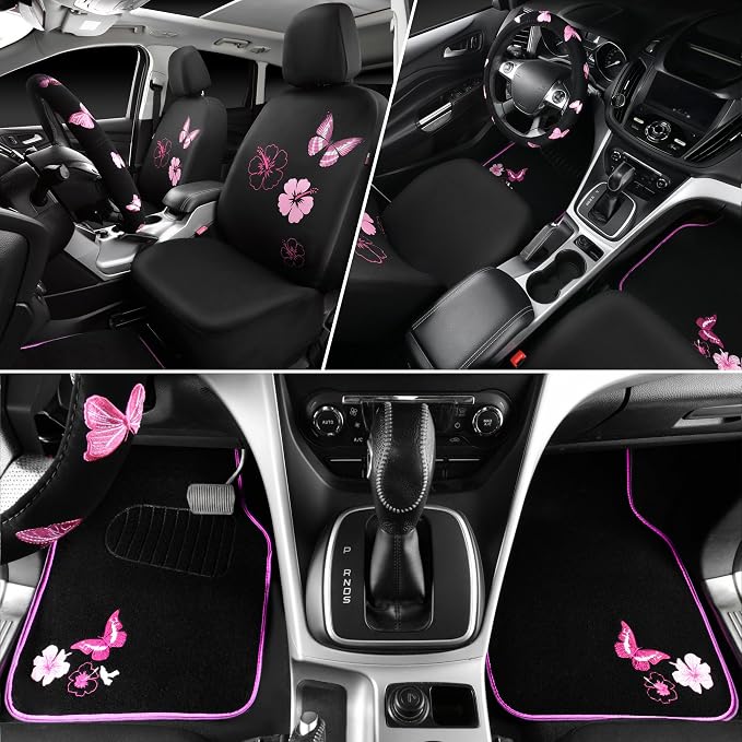 CAR PASS Universal Cloth Butterfly Car Seat Covers Full Set, Embroidered Flower - Image 4