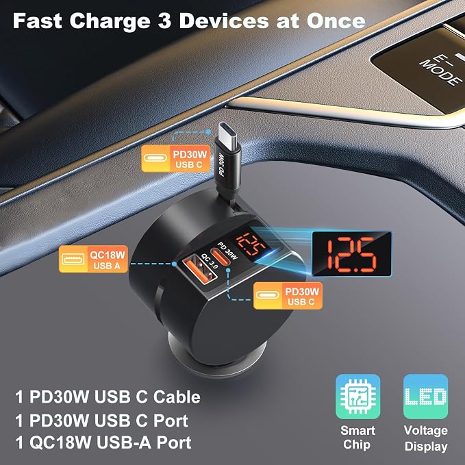 Retractable Car Charger USB C, OKRAY 78W 3-Port 12v Cigarette Lighter Adapter - Image 4