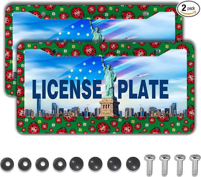 License Plate Frame Red Green License Plate Protector Cute Ladybug and Flowers by Unknown