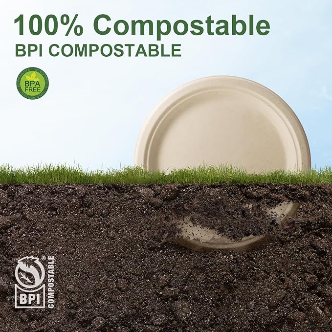 WELLIFE 100% Compostable Paper Plates 9 Inch, Biodegradable Bagasse, - Image 5