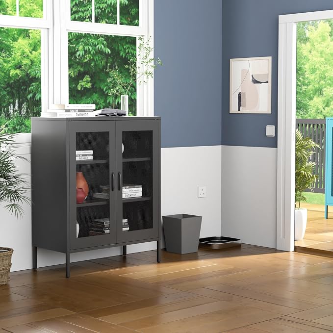 Metal Storage Cabinet with Mesh Doors and Shelves, 3-Tier Office Cabinet - Image 2