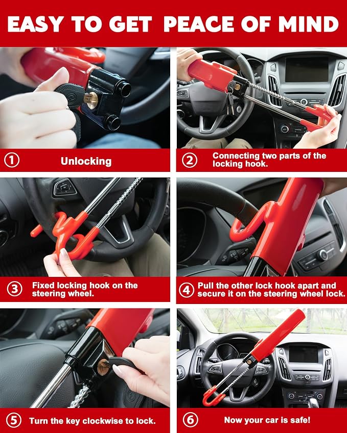 Tevlaphee Steering Wheel Lock Anti-Theft Car Device Heavy Duty Security Car - Image 5