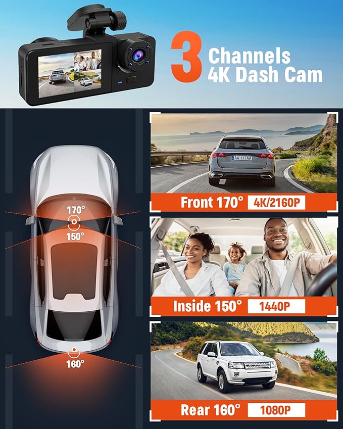 3 Channel Dash Cam, 4K+1080P Dash Cam Front and Rear Inside, Dash Camera - Image 3