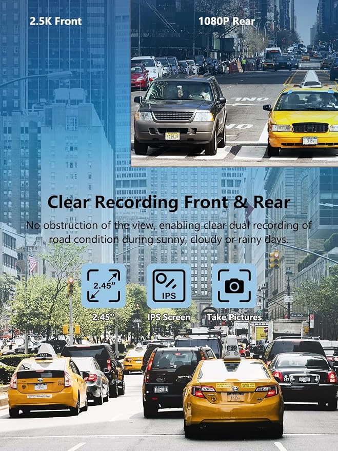 Dash Cam Front and Rear, 2.5K+1080P Dual Dash Camera - Image 3