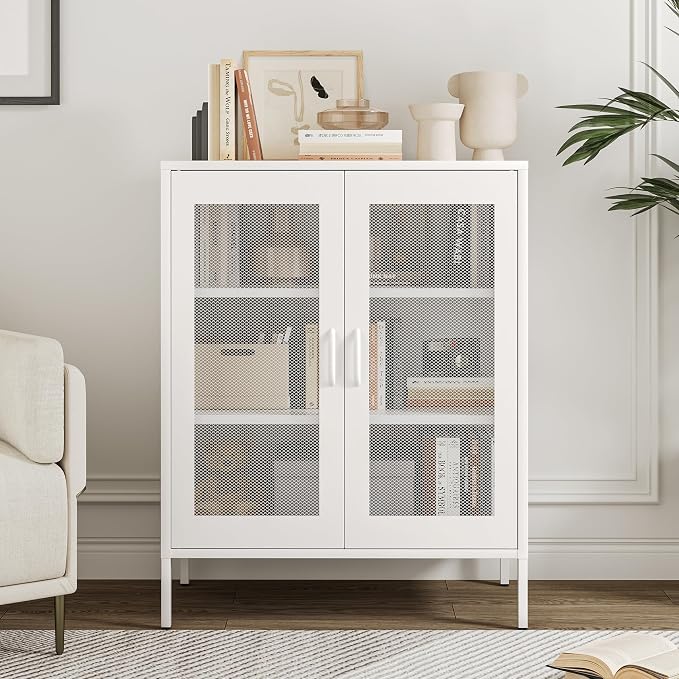 Metal Storage Cabinet with Mesh Doors, Steel Display Cabinet with Adjustable - Image 2