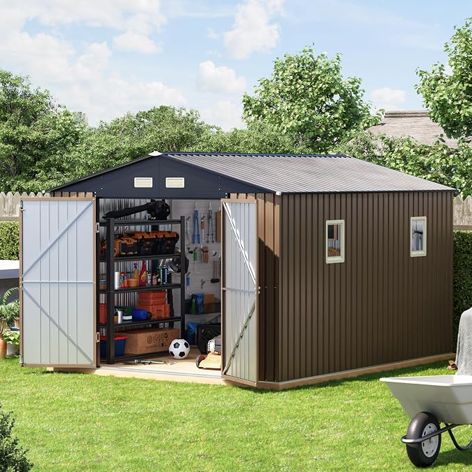 10x10 FT Outdoor Metal Storage Shed, Double Swing Doors, 2 Clear Windows by Unknown