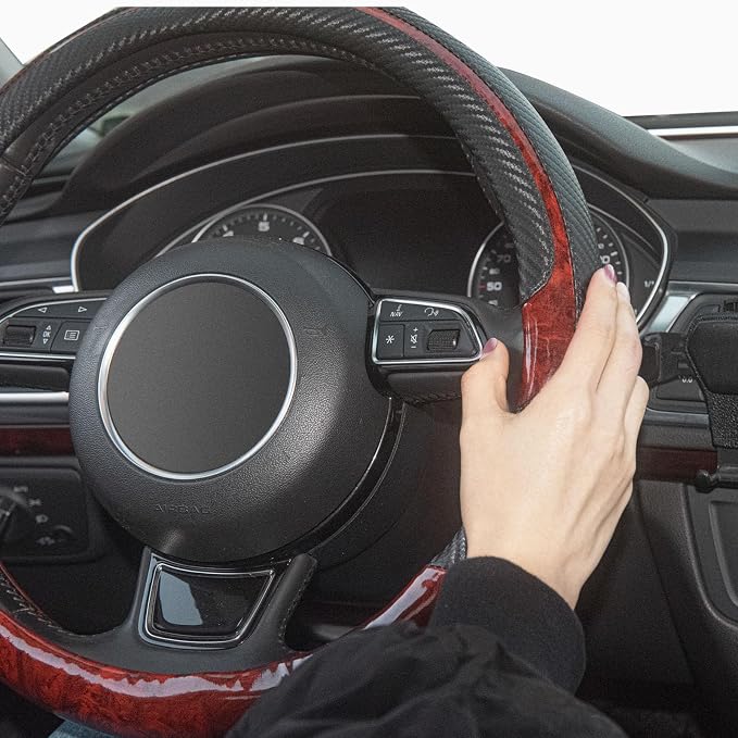 Xizopucy Wood Grain Steering Wheel Cover Red Universal Microfiber Leather - Image 5