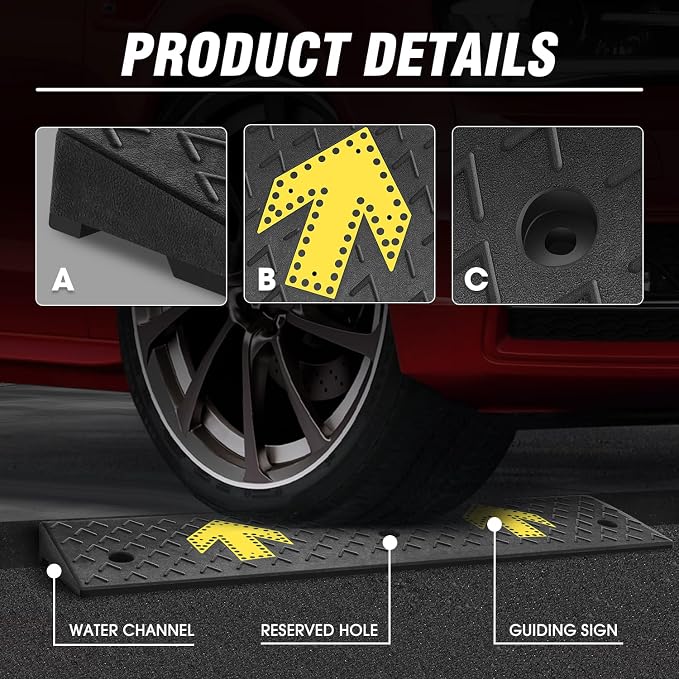 DNA MOTORING 2pcs 2.2" Rise Rubber Arrow Curb Ramp Heavy Duty Loading Driveway - Image 5