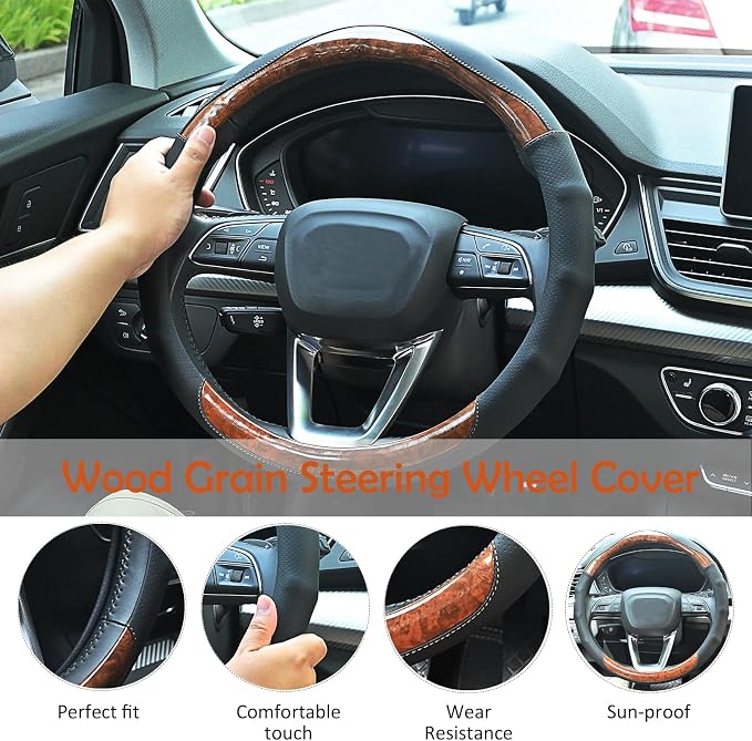 Wood Grain Steering Wheel Cover Gray Car Steering Wheel Covers 14.5-15 inch - Image 3