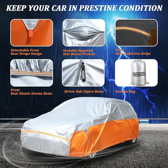Tecoom Car Cover for Automobiles, Weatherproof Full Exterior Covers, Universal - Image 5