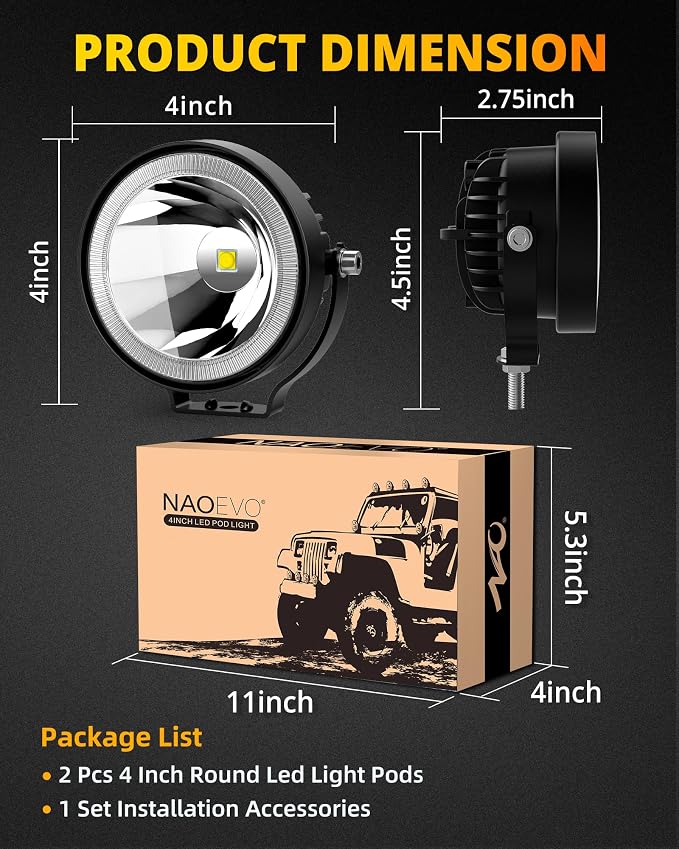 NAOEVO 4 Inch Round LED Pod Lights, 60W 6000LM LED Spot Off Road/Driving/Fog - Image 9