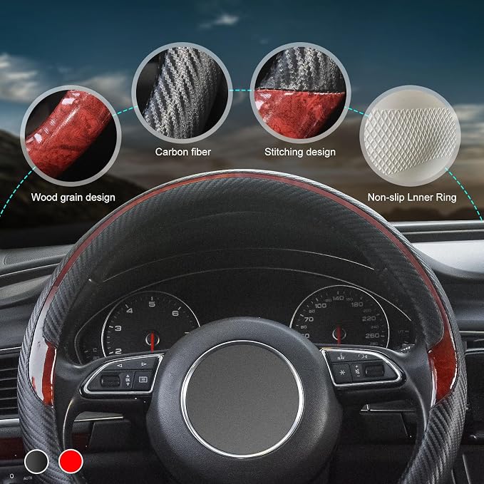 Xizopucy Wood Grain Steering Wheel Cover Red Universal Microfiber Leather - Image 4