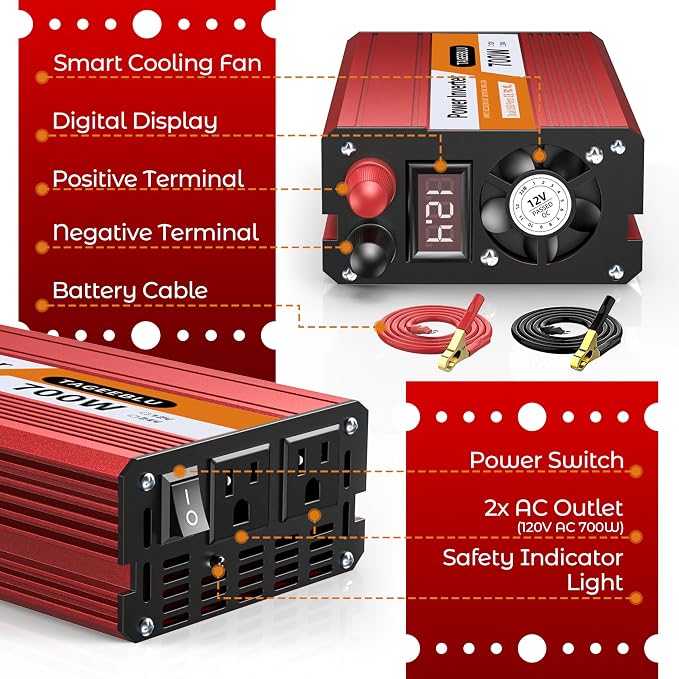 700W Power Inverter, DC 12V to 110V AC Car Inverter - Image 7