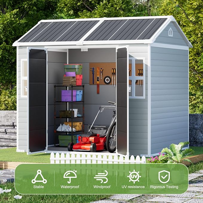 8x6x7 FT Resin Storage Shed, Waterproof Outdoor Shed w/Floor Included, 2 Windows - Image 4