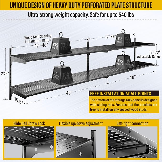 2-Pack 2 Tier 1.3x4ft Garage Shelving Wall Mounted, 800 lbs Load - Image 3