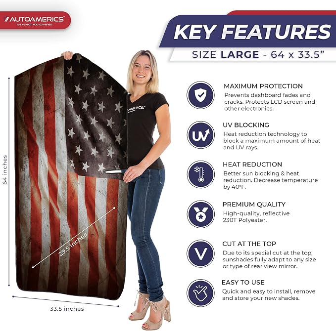 Autoamerics 1-Piece Windshield Sun Shade Grunge American Flag - Image 2