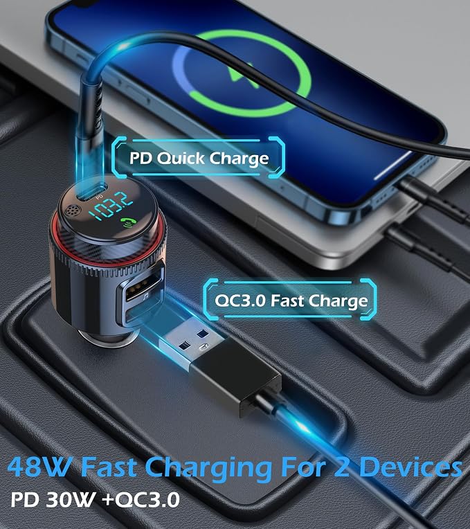 Bluetooth Car Adapter, Wireless AUX FM Transmitter, USB C&QC3.0 Dual Fast - Image 2