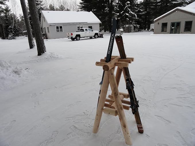 9-Place Freestanding Log Ski Rack Holder, Indoor & Outdoor Snowboard Racks - Image 5