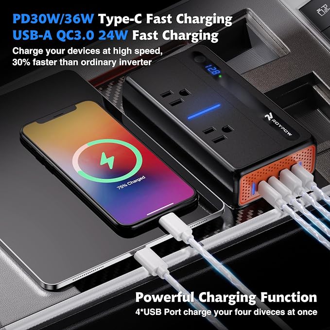 RoyPow 200W Car Power Inverter, DC 12V to 110V AC Power Inverter - Image 4
