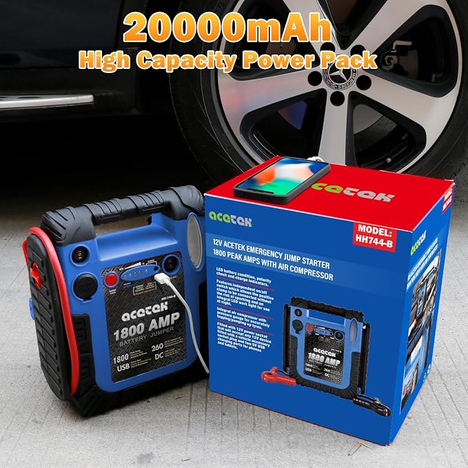 1800 Amp Jump Starter with Air Compressor, acetek Car Battery Jump Starter 260 - Image 4