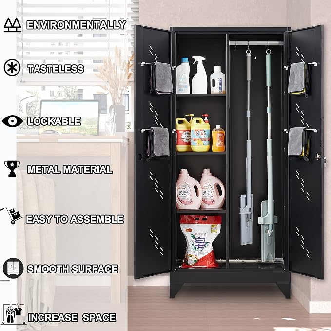 71" Broom Closet Cabinet with Hanging Rod, Tall Black Metal Storage Cabinet - Image 6