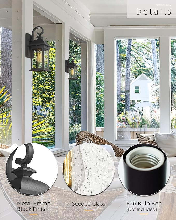 FEMILA Outdoor Wall Sconce, 14.9" Matte Black Seeded Glass Outdoor Sconce Lights - Image 4