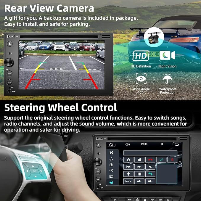 Double Din Car Stereo with CD/DVD Player Apple Carplay & Android Auto, 6.2Inch - Image 2