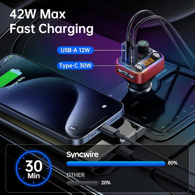 Syncwire Bluetooth 5.4 FM Transmitter Car Adapter 42W Wireless FM Radio Music - Image 4
