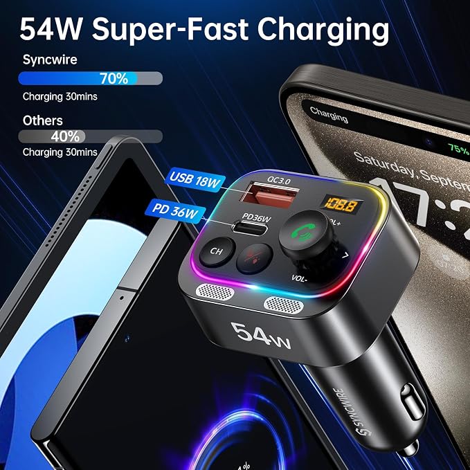 Syncwire Bluetooth 5.4 FM Transmitter Car Adapter 54W Wireless Radio Receiver - Image 4