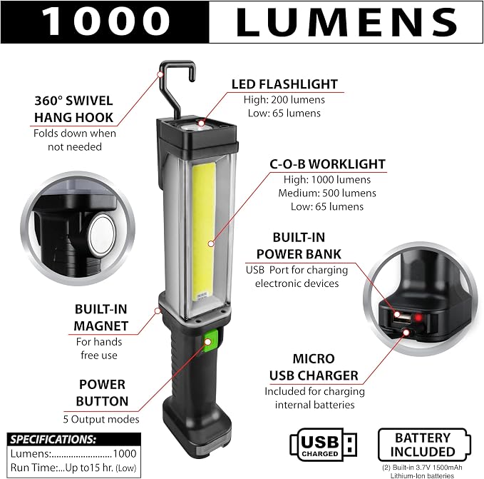 Performance Tool 189 1000LM Li-Ion Work Light w/Power Bank - Image 3