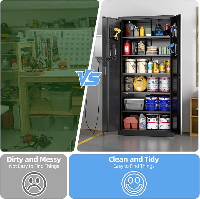 Metal Storage Cabinet with Pegboard 71'' x 34'' x 18'', Lockable Steel Storage - Image 6