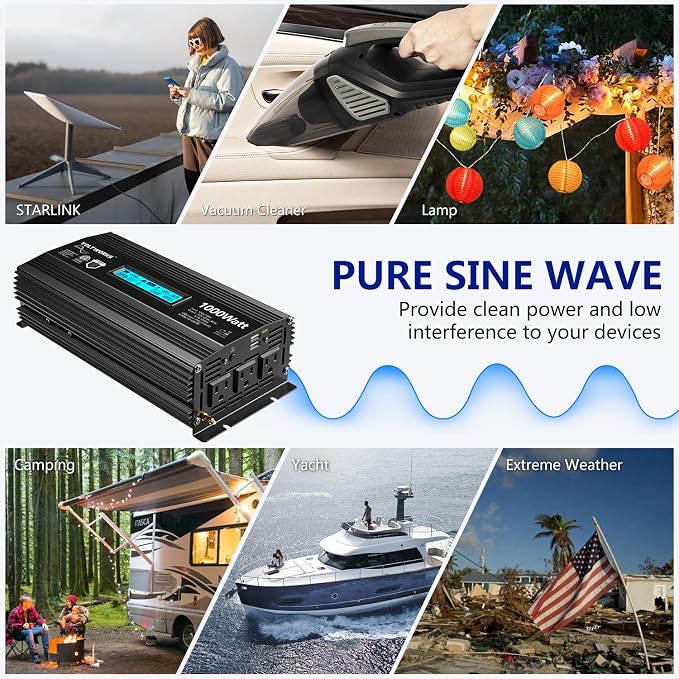 1000 Watt Pure Sine Wave Power Inverter ETL UL458 12V DC to 110V 120V AC 1000W - Image 3