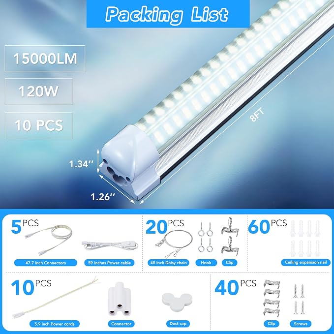 10 Pack 8FT T8 LED Shop Lights, 120W Integrated Tube Light, 19200LM 6000-6500K - Image 5