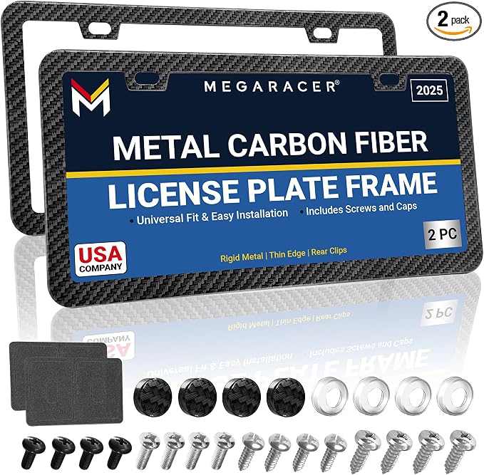 Premium Slim Carbon Fiber Design License Plate Frames – 2 Pack, Rust-Free by MegaRacer