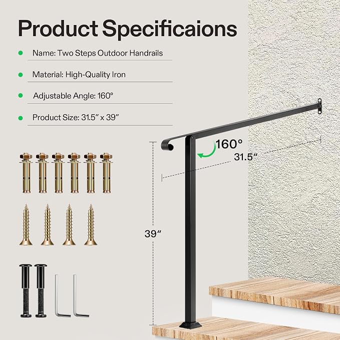 VIVOSUN Outdoor Handrail, 2 Step Stair Handrail, 31.5" x 39" Fits 1 to 2 Steps - Image 2
