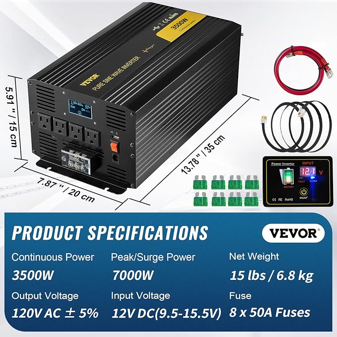 VEVOR Pure Sine Wave Inverter 3500 Watt Power Inverter, DC 12V to AC 120V Car - Image 2