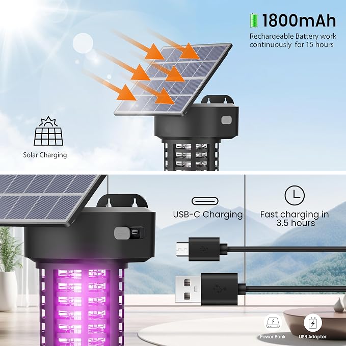 Solar Bug Zapper Outdoor 2 Pack, Garden Mosquito Zapper Waterproof & Cordless & - Image 3