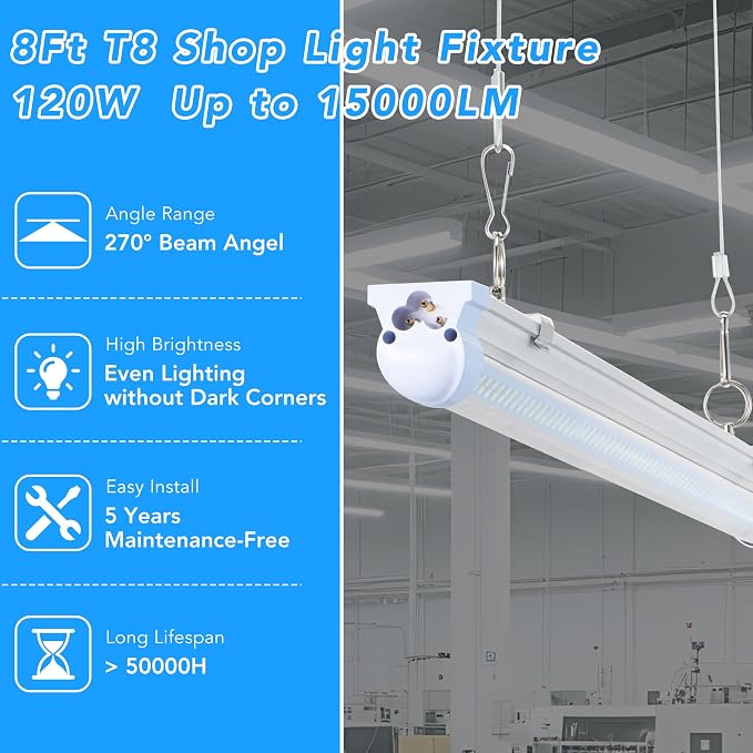 10 Pack 8FT T8 LED Shop Lights, 120W Integrated Tube Light, 19200LM 6000-6500K - Image 2