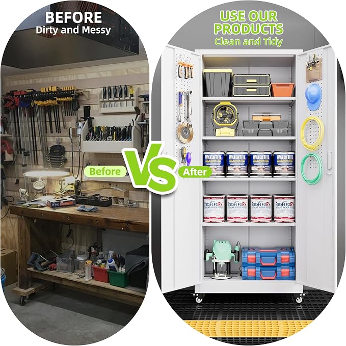 Garage Storage Cabinet with with Pegboard and Wheels, Tool Storage, Home Office - Image 7