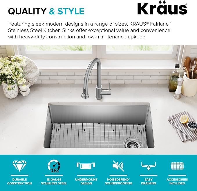 KRAUS Fairlane 33-inch Undermount Single Bowl 18-Gauge Stainless Steel Kitchen - Image 4