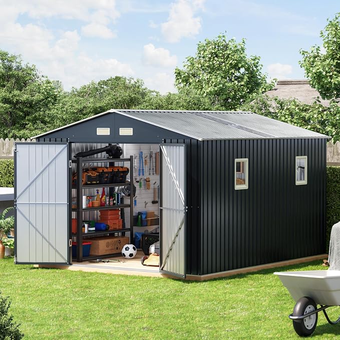 10x12 FT Outdoor Metal Storage Shed, Double Swing Doors, 2 Clear Windows - Image 7