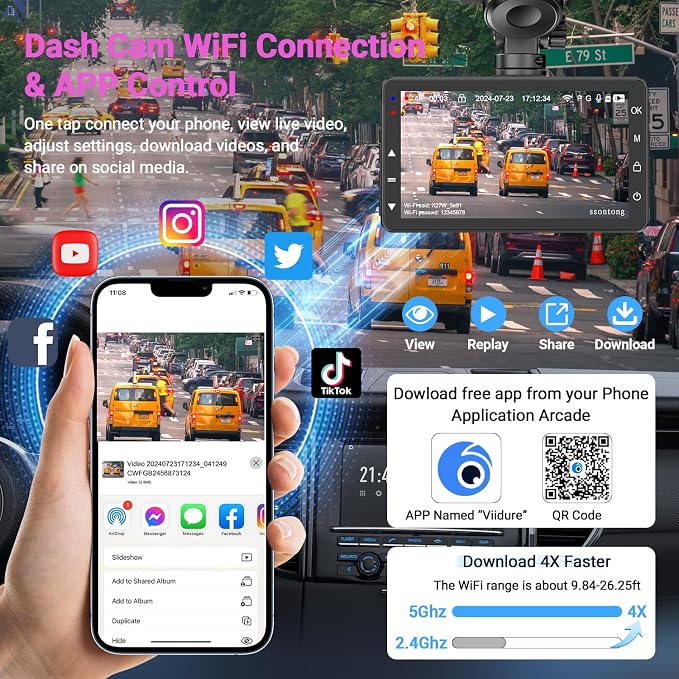 Dash Cam Front and Rear, Dash Cam 4K WiFi/APP Control Dashcam W/ 64GB Card Dash - Image 2